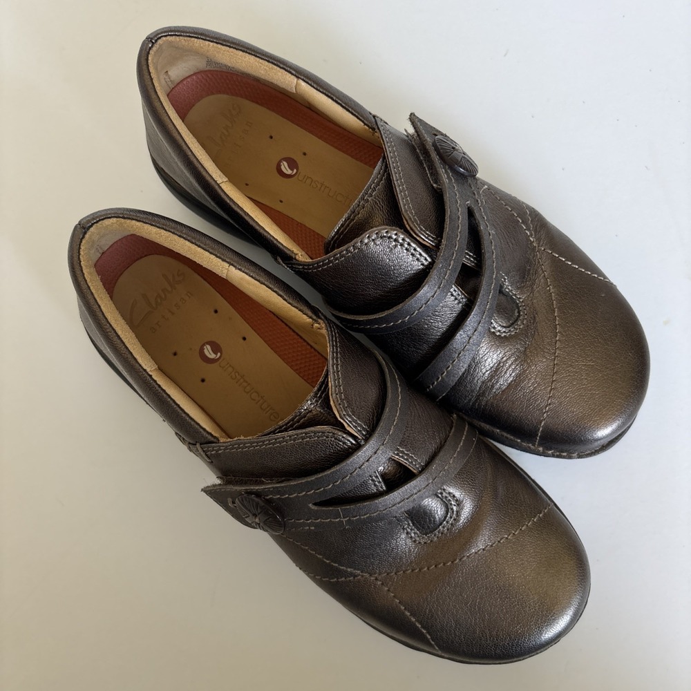 Clarks Artisan Unstructured Pewter Comfort Shoes Size 5 Metallic Slip‎ On Strap